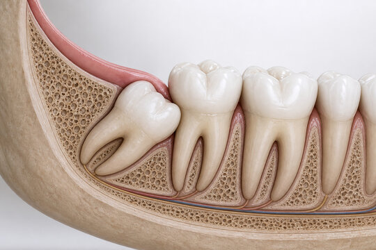 Impacted wisdom tooth in lower jaw cutaway