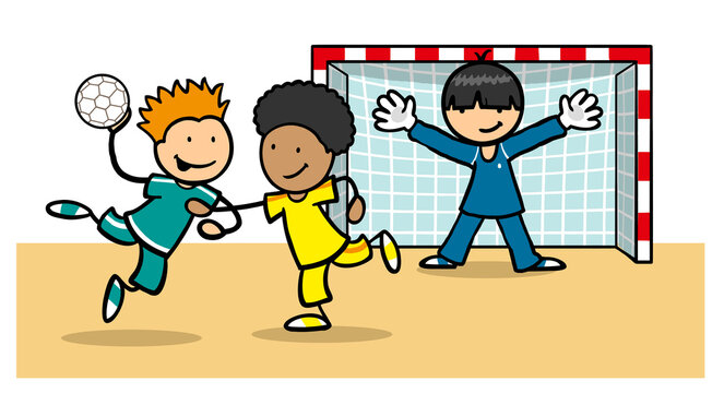 Gruppe Kinder spielt Handball im Team im Sportverein