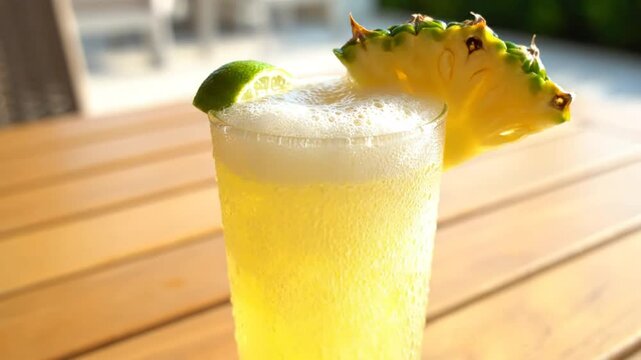 Refreshing summer cocktail with pineapple slice and lime wedge on a wooden table, close up.