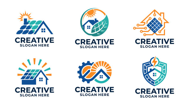 This image depicts various sustainable energy logos focused on solar panels and eco-friendly living, showcasing innovation in renewable energy solutions for homes.