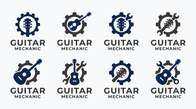 This image showcases multiple variations of a guitar mechanic logo featuring a guitar and gear, symbolizing repair, creativity, and craftsmanship within the music industry.