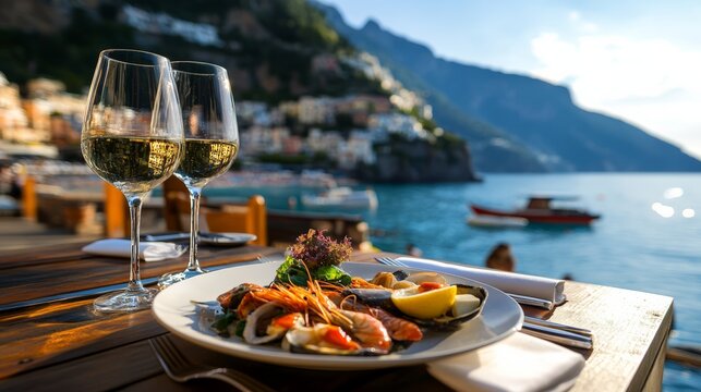 Seafood Feast with Wine at Coastal Restaurant
