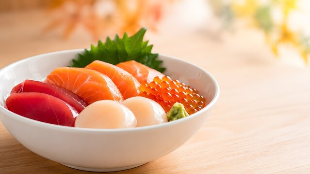 秋の海鮮丼 白い深鉢に盛ったまぐろと帆立を横から見た秋の和食