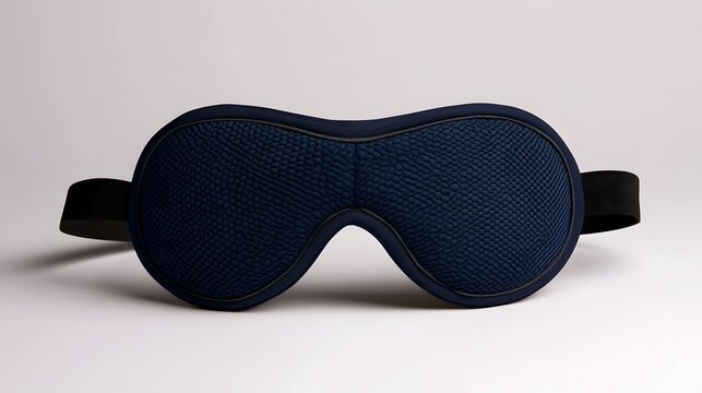 A navy blue contoured sleep mask with textured surface and black elastic strap  shown front facing on a plain background