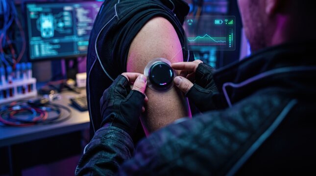 Person applying a futuristic biohacking sensor to their arm. Digital laboratory environment with glowing interface elements in background.