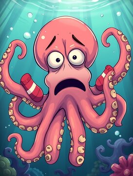A shocked cartoon octopus wearing multiple socks on its tentacles, unable to tell which are its own arms, in a undersea chest, vibrant colors, silly