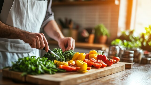 Culinary Creation: A chef meticulously chops fresh vegetables on a wooden cutting board, preparing a vibrant and healthy meal in a sunlit kitchen, highlighting the art of home cooking.