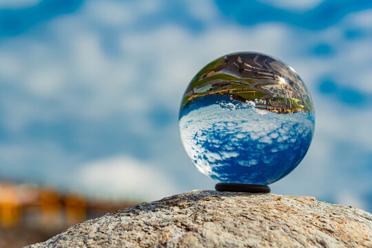 Crystal ball alpine summer landscape shot at Mount Hartkaiser, Ellmau, Kufstein, Tyrol, Austria