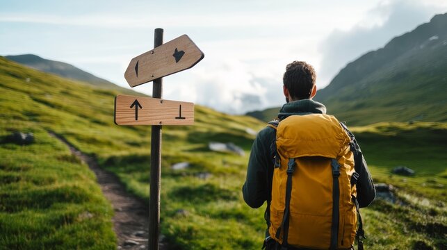 Decision Point: A hiker stands at a crossroads, contemplating the path ahead, a yellow backpack suggesting a journey of discovery and exploration in a scenic mountain landscape.