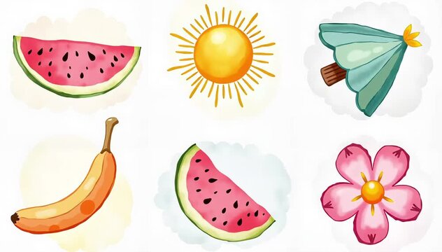 Colorful Summer Pattern with Watermelon and Sun, Illustration