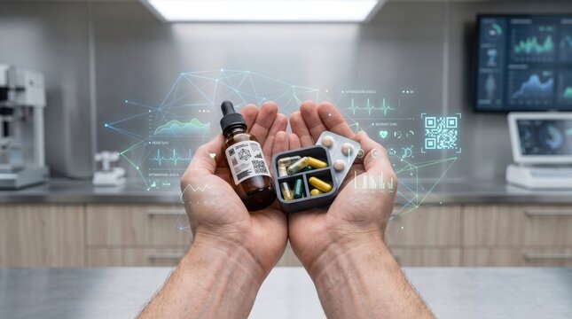Person holding supplement bottles and pill organizer with digital data overlays. Laboratory setting with futuristic biohacking interface.