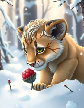 A small lion cub with fur like freshly fallen snow and a icicle mane, curiously sniffing a frozen berry, in a gentle winter forest, soft lighting, cute elemental art