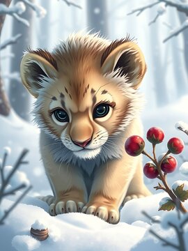 A small lion cub with fur like freshly fallen snow and a icicle mane, curiously sniffing a frozen berry, in a gentle winter forest, soft lighting, cute elemental art