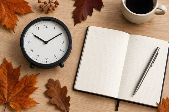 Black analog clock sits beside an empty white notebook and autumn leaves on wooden desk surface