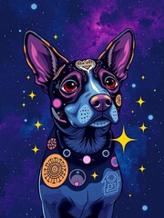 Fototapeta premium A space-themed pop art dog with cosmic patterns, stars, and a deep blue and purple nebula backdrop