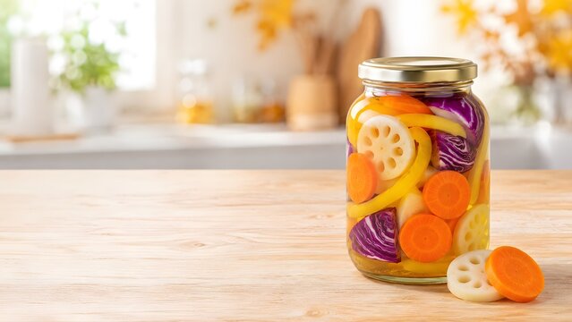 秋野菜のピクルス ガラス瓶に詰めた彩り野菜の秋の保存食