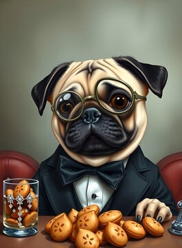 A sophisticated pug wearing a tiny monocle and bowtie, judging a contest of dog treats, oil painting style, rich textures, humorous and dignified