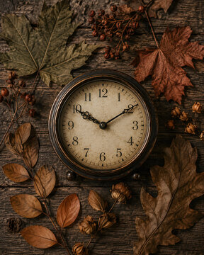 Vintage alarm clock rests peacefully surrounded by dry autumn leaves on a dark rustic wooden surface