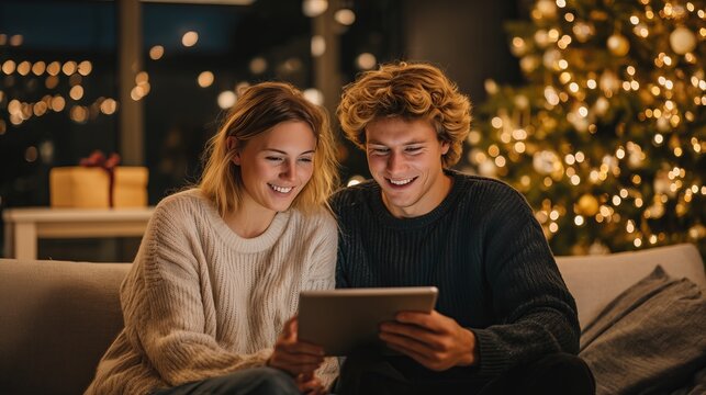 Young couple shopping online with tablet near illuminated Christmas tree