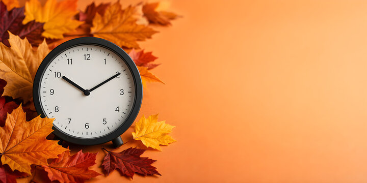 Black analog clock showing time surrounded by vibrant colorful fall foliage on a warm orange background