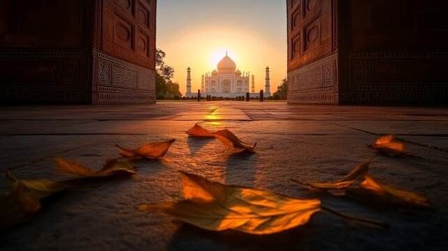Sunrise at the Taj Mahal: The iconic marble mausoleum illuminated by the golden hues of dawn, framed by grand archways, with fallen leaves scattered on the foreground paving stones.