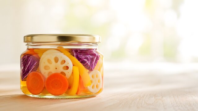 秋野菜のピクルス 光を通すガラス瓶を横から見た秋の常備菜
