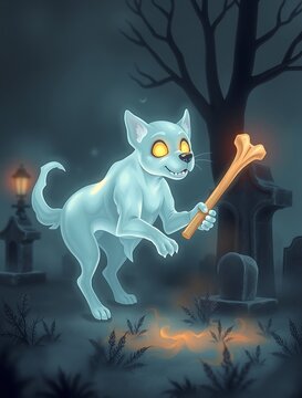 A spectral ghost dog, translucent and glowing, playing fetch with a cursed femur bone in a foggy graveyard, ethereal, hauntingly cute, Halloween illustration