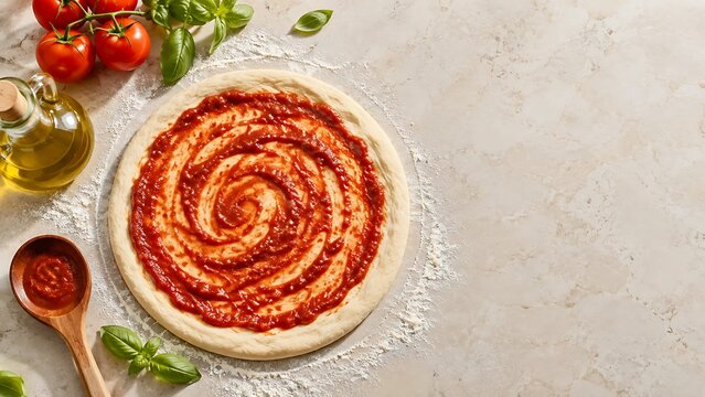 Fresh uncooked pizza dough topped with red tomato sauce swirl on a light stone kitchen
