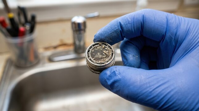Plumber holding a clogged faucet aerator with mineral buildup and debris