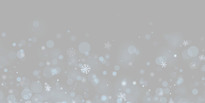 Dark winter background with soft blue snowflakes and blurred bokeh lights scattered across on transparent background