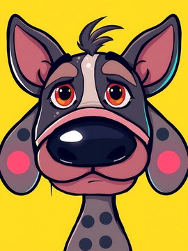 A stylized cartoon dog with exaggerated facial features, comic book dots, and high-contrast colors, set against a bright yellow background