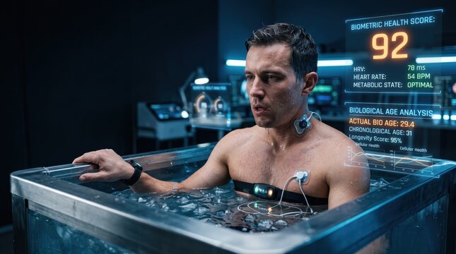 Man wearing biometric sensors inside ice bath for recovery. Futuristic laboratory environment with digital health data overlays.