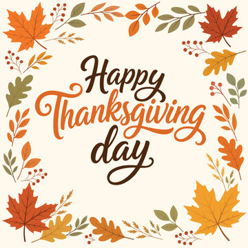 Happy Thanksgiving Day Lettering with Autumn Leaf Border