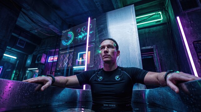 Man wearing sensors inside cold plunge tank monitoring health metrics. Futuristic laboratory environment with neon lighting and data displays.
