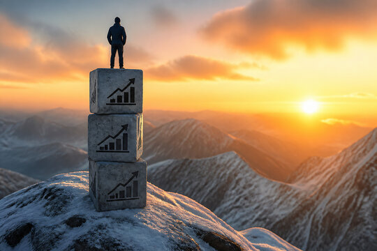 A lone silhouette stands atop a stack of blocks with upward trending graphs against a vast, colorful mountain sunrise.