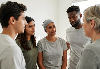 Fototapeta premium Support group and mental health therapy, diverse people in a circle sharing personal stories and emotional healing in a community wellness session