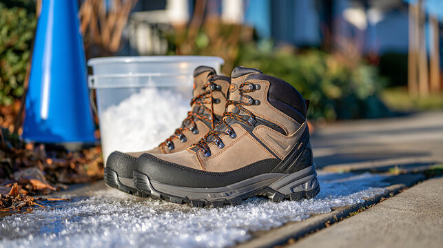 Close up of insulated winter boots resting on a frozen concrete walkway, plastic bucket of coarse ice melt salt and blue warning cone positioned nearby, crystalline ice texture clearly visible acros