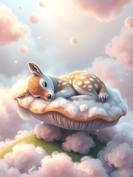 A roly-poly fawn made of soft, pastel-colored clouds, napping on a giant, fluffy mushroom. Dreamlike aesthetic, ethereal glow, subtle glitter effects, digital painting