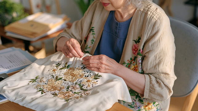 Elderly lacemaker's deeply lined hands close up in a minimalist studio, delicate thread passing through fingers with practiced control, a stack of folded personal financial letters visible in soft b