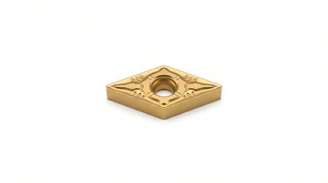 Gold-tinted tungsten carbide indexable turning insert for CNC lathe. Macro view of diamond-shaped chipbreaker grooves. Precision metalworking hardware isolated on pure white background.