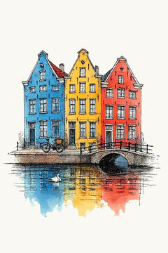 amsterdam canal houses hand drawn wall art print