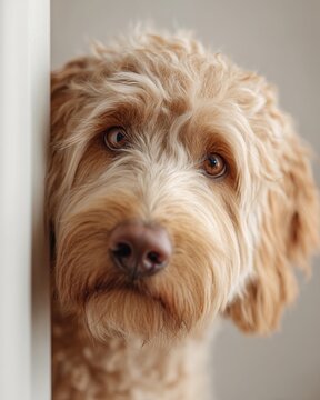 Goldendoodle puppy peeking around wall, cute dog looking at camera. Curious pet awaiting attention, home lifestyle