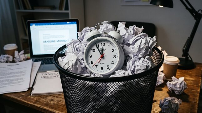 White alarm clock in a trash bin filled with crumpled paper on a messy desk with a laptop showing a midnight deadline
