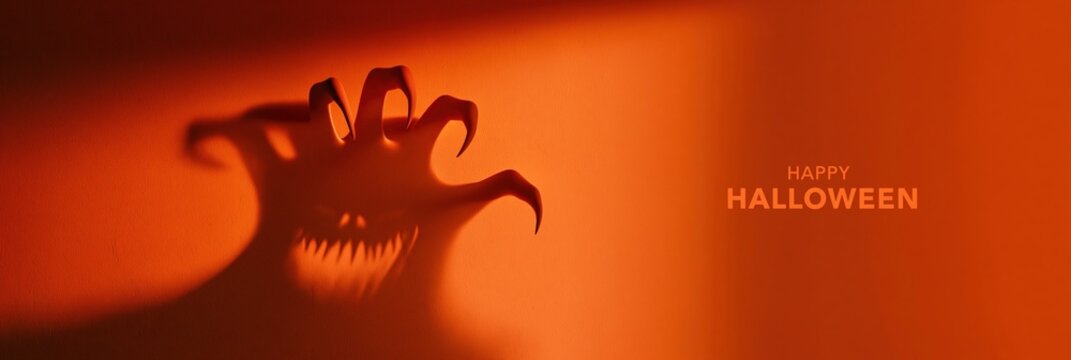 Scary monster hand shadow on wall with Happy Halloween text, panoramic holiday banner