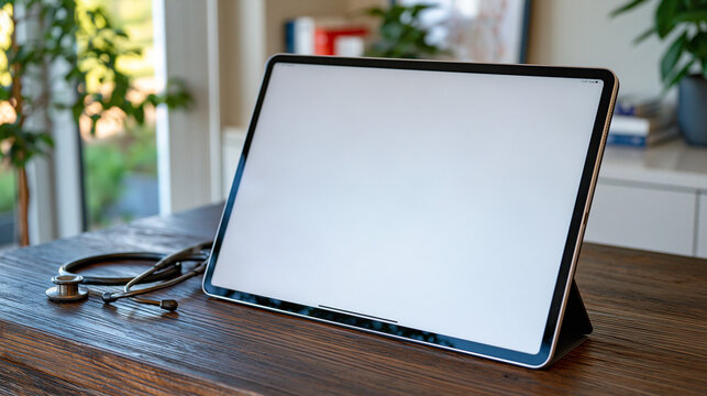 Minimalist medical technology setup with a thin tablet displaying a completely blank white screen beside a coiled stethoscope on a dark wooden desk, clean modern interior with subtle medical books a