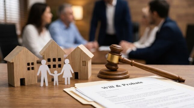 Will and probate legal document with wooden houses and gavel on desk