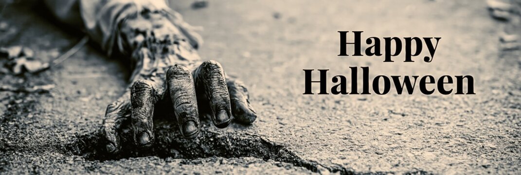 Zombie hand emerging through cracked asphalt, horror banner for Halloween celebration