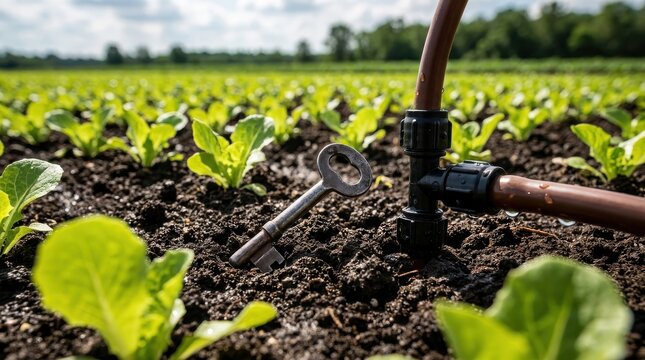 Old Key and Irrigation System in a Green Agricultural Field