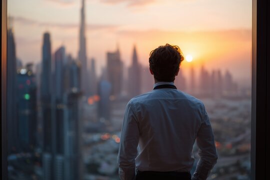 A man in a white shirt standing at the window of an office overlooking a modern city during the golden hour.