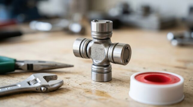 Universal joint component resting on a wooden workbench in a workshop
